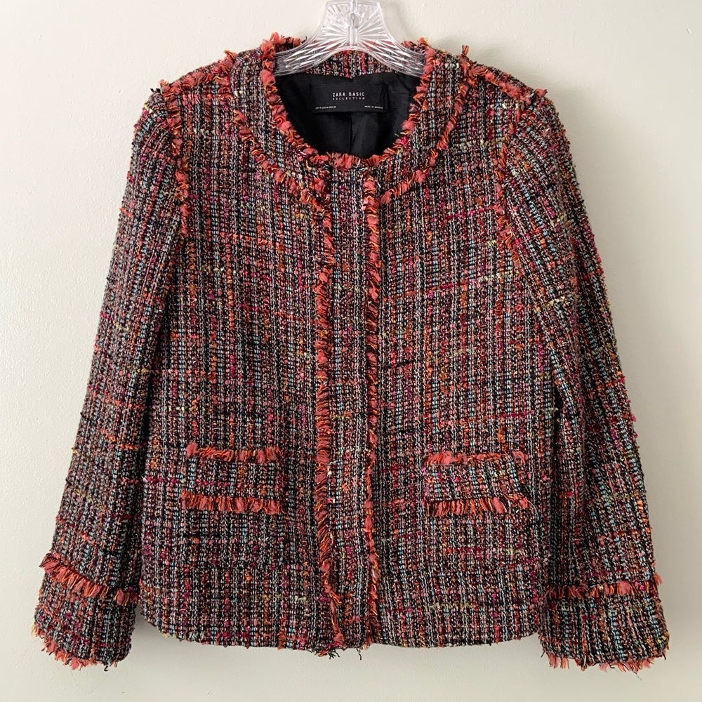 ZARA Tweed Jacket Cardigan Boucle Frayed Boucle M